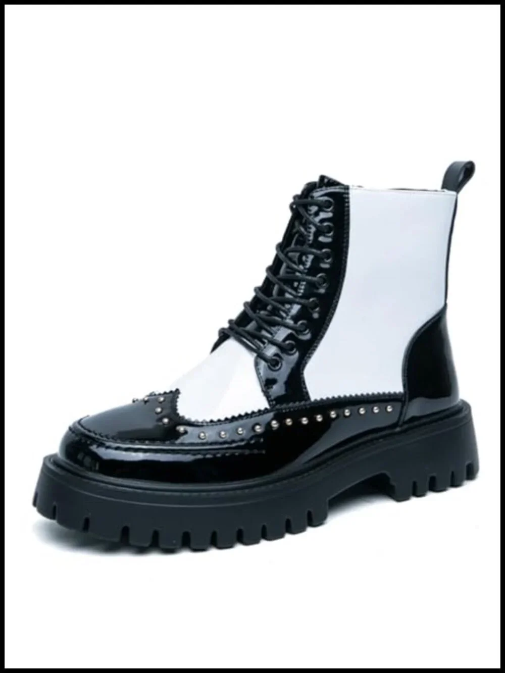 Patent Leather Lace Up Platform Combat Boots with Side Zipper Round Toe